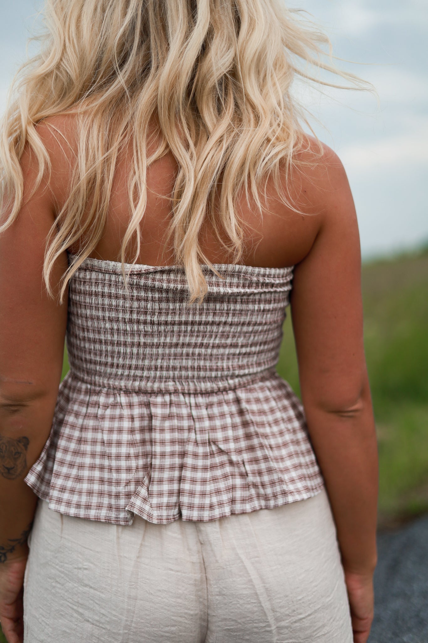 Strapless Plaid Tie Top