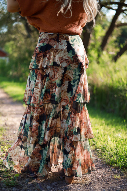 Autumn Floral Mesh Ruffle Skirt