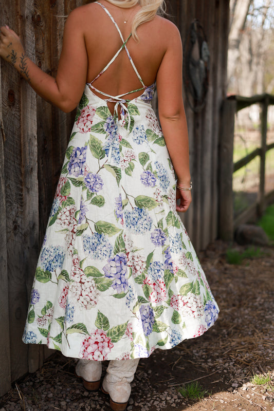 Hydrangea Fit and Flare Linen Midi Dress