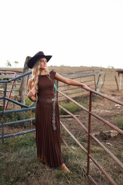 Mahogany Pleated Maxi Dress