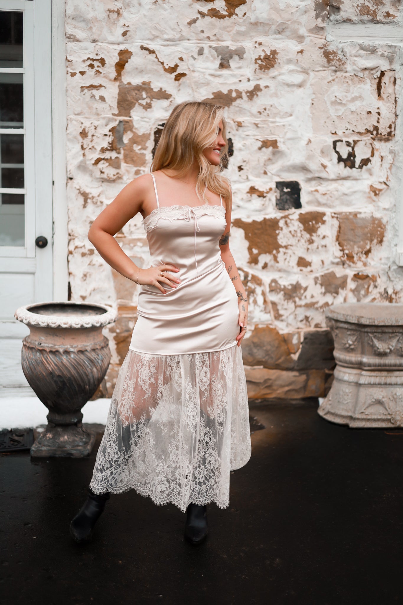 Champagne Lace Inlay Maxi Dress