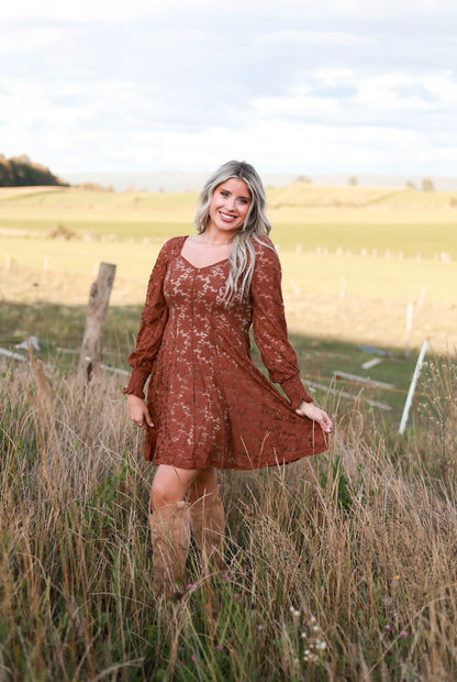 Fit and Flare Lace Mini Dress - Cinnamon