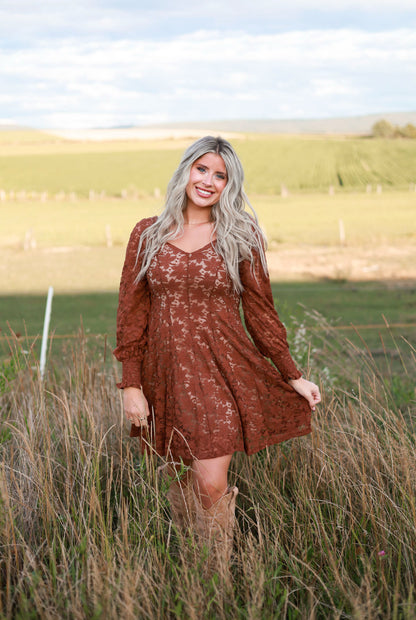 Fit and Flare Lace Mini Dress - Cinnamon