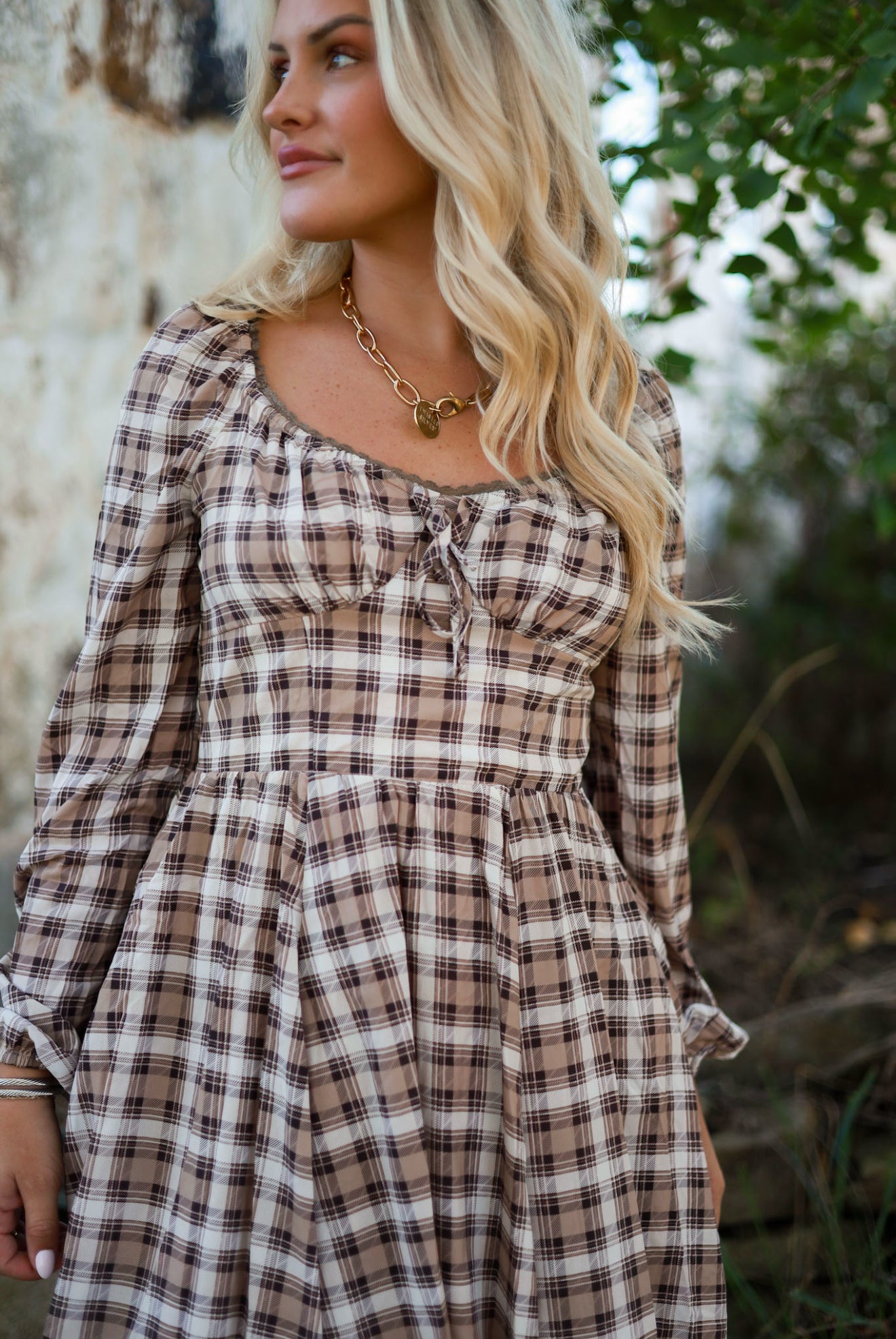 Brunette Bohème Plaid Mini Dress