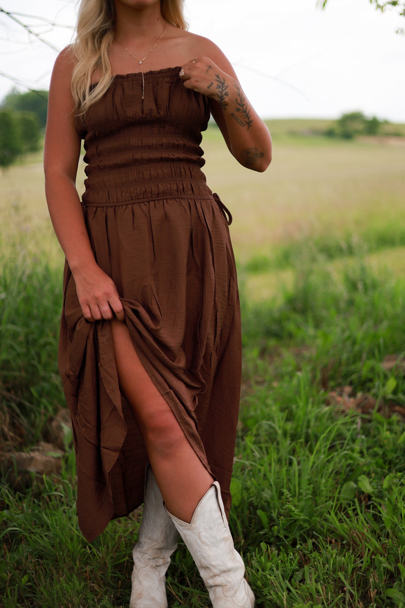 Brown Sugar Strapless Midi Dress