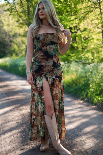 Floral Mesh Drop-Waist Maxi Dress