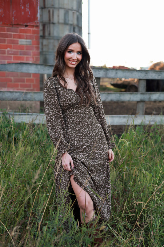 Rustic Meadow Floral Maxi Dress - Brown