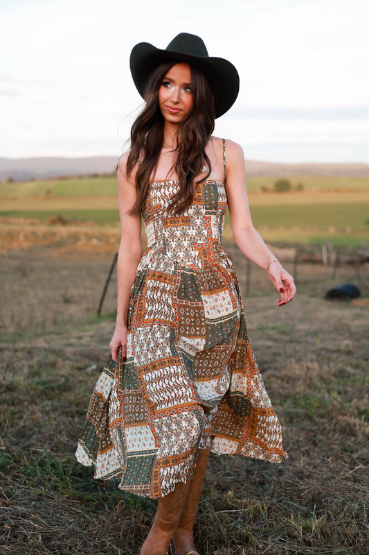 Tawny Patchwork Midi Dress