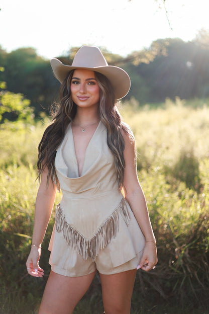 Outlaw Suede Fringe Romper - Cream