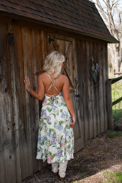 Hydrangea Fit and Flare Linen Midi Dress