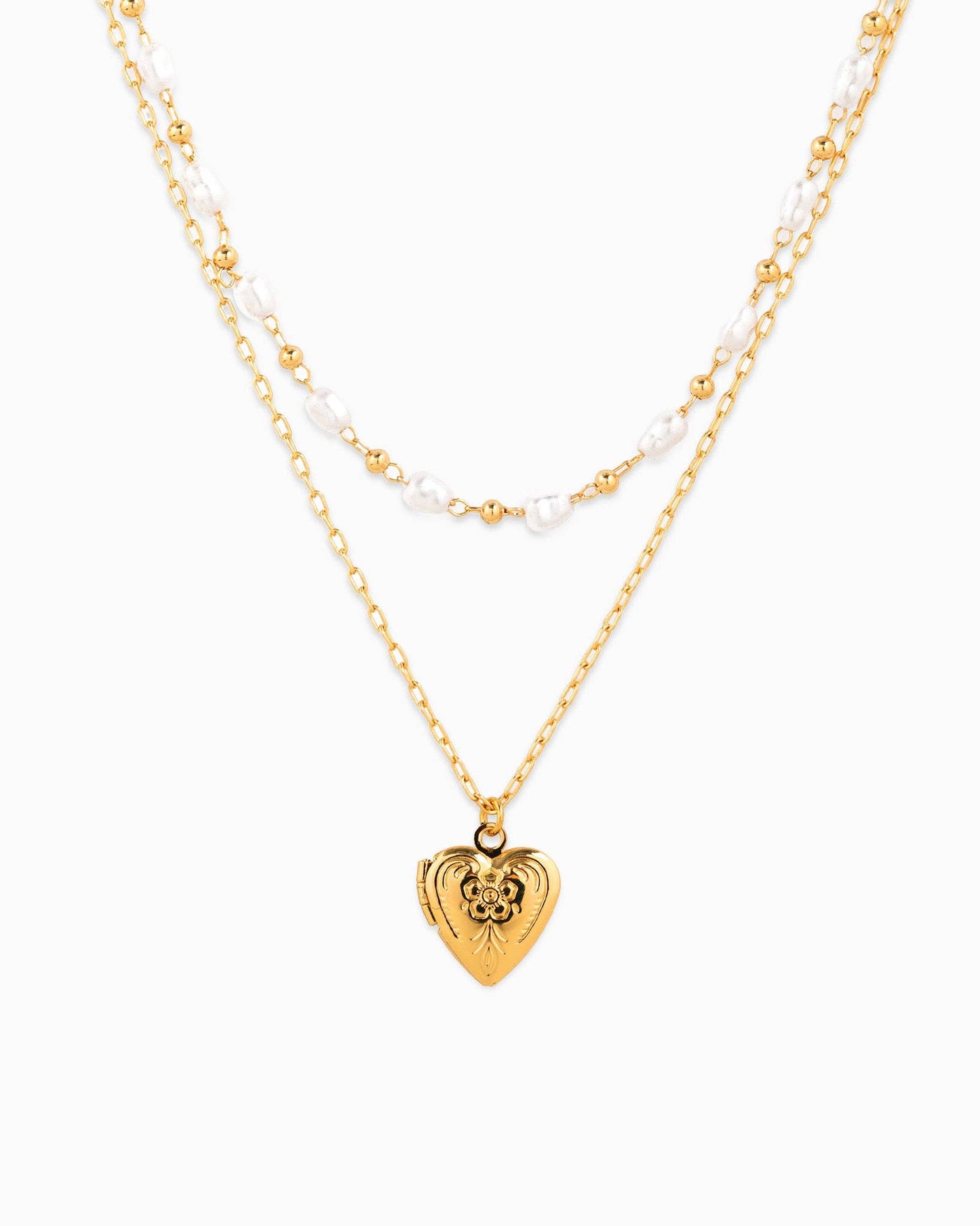 Heart Locket Pearl Bead Layered Necklace