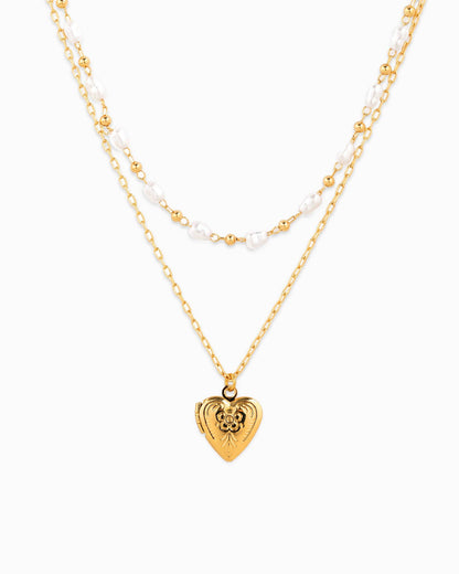 Heart Locket Pearl Bead Layered Necklace