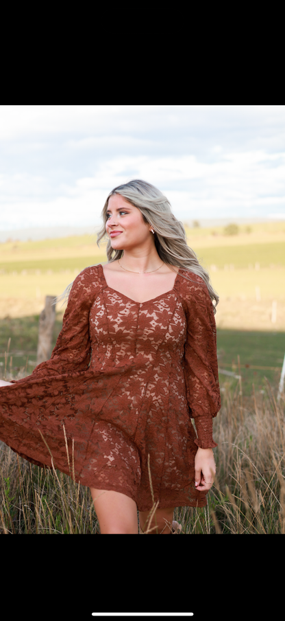 Fit and Flare Lace Mini Dress - Cinnamon