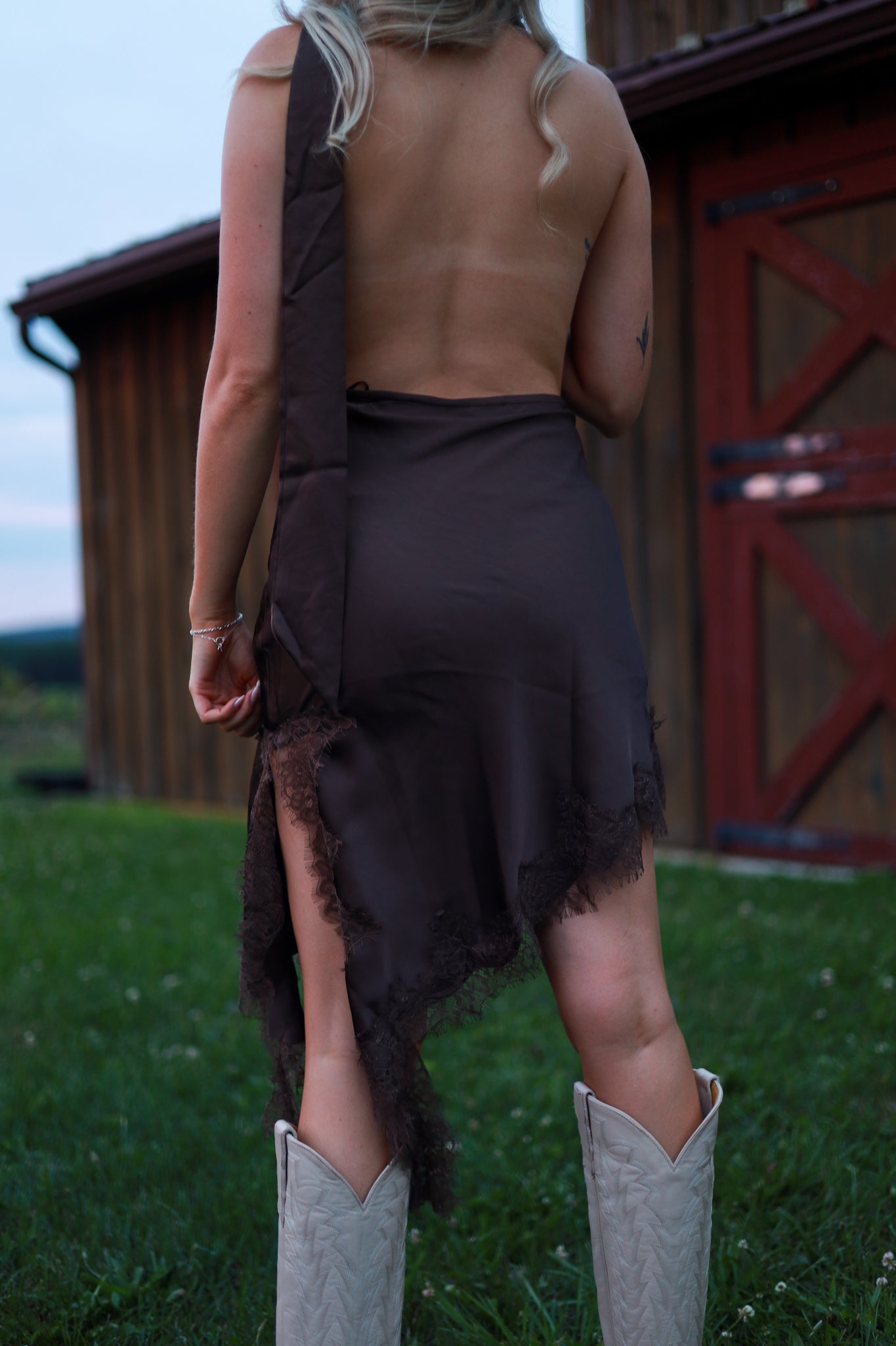 Satin Lace Scarf Dress - Saddle