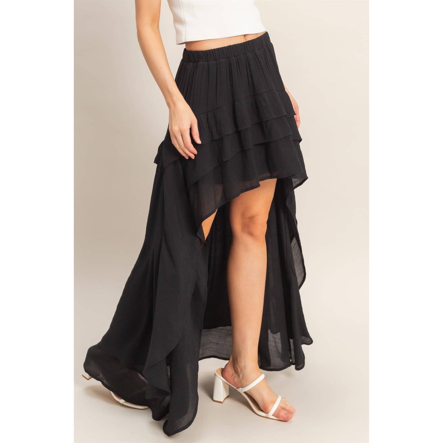 Tiered Ruffle High Low Skirt - Black