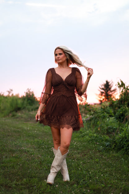 Vintage Lace Mini Dress - Truffle