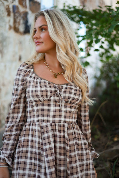 Brunette Bohème Plaid Mini Dress