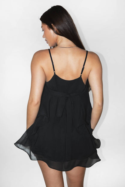 Asymmetrical Ruffle Chiffon Top - Black