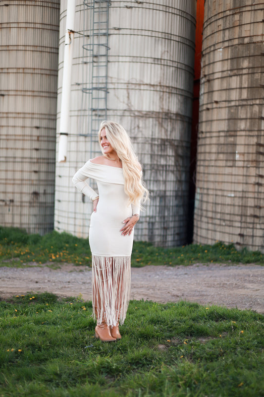 Fold Over Fringe Maxi Dress - Cream