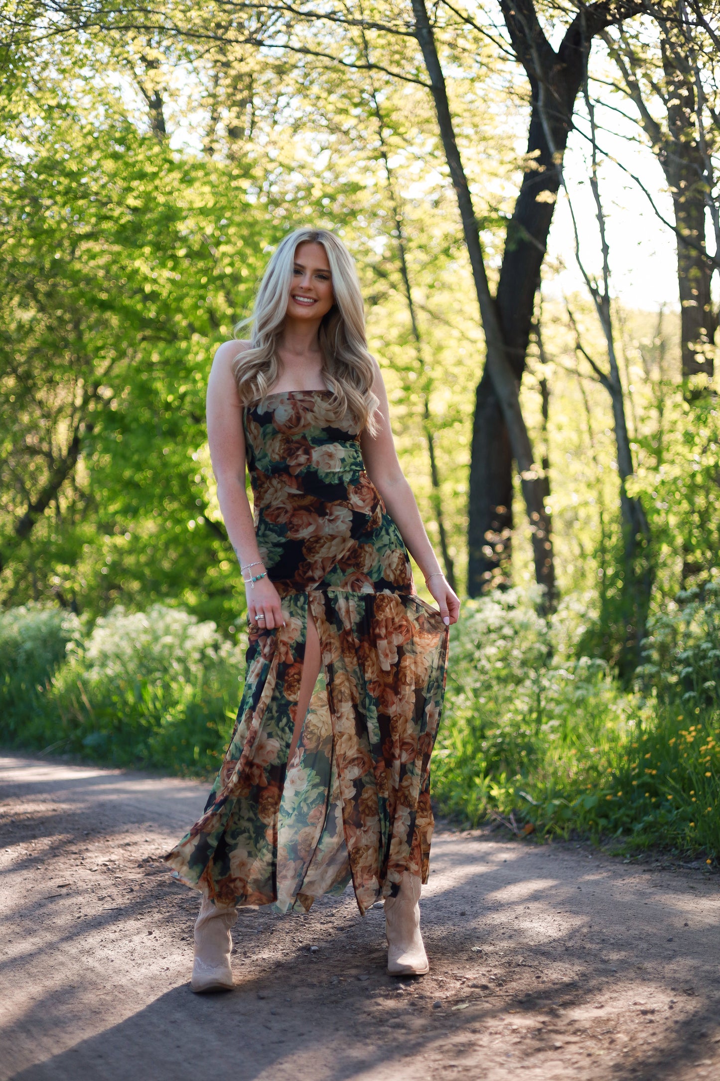 Floral Mesh Drop-Waist Maxi Dress