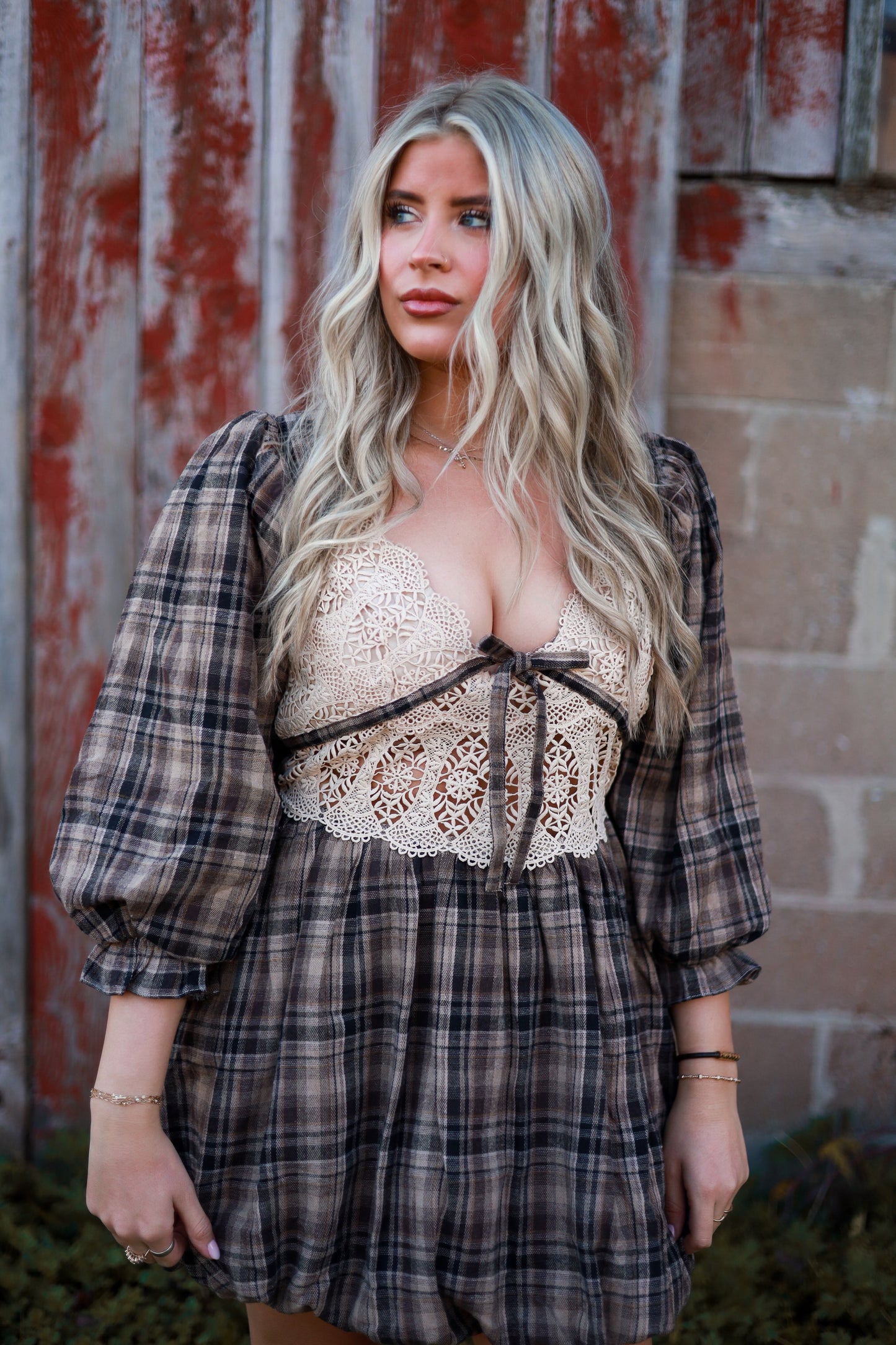 Lacewood Plaid Mini Dress - Baked Plum