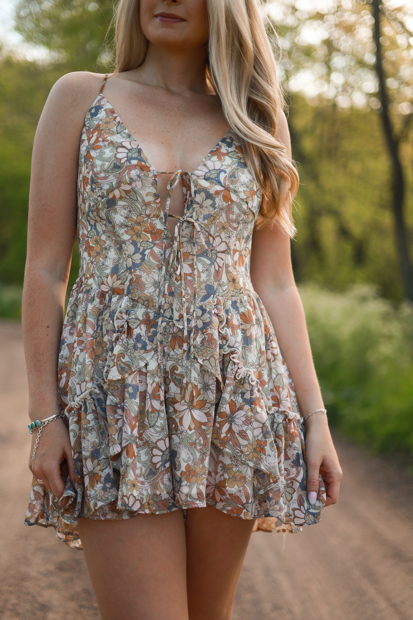 Floral Chiffon Tie-Front Romper: Cream