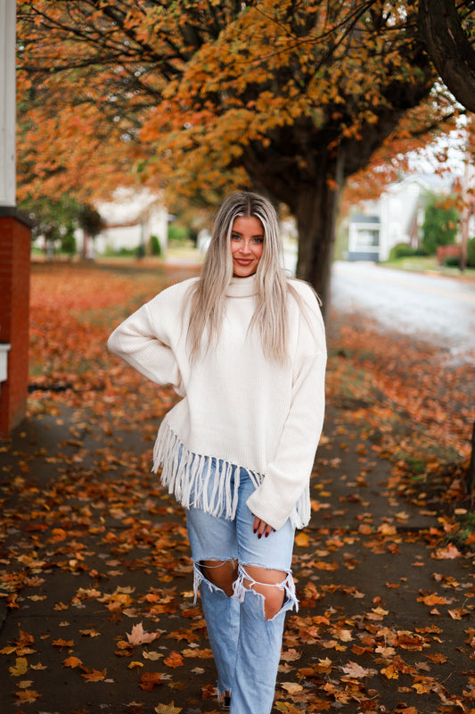 Fringe Hem Turtleneck Sweater - Frost