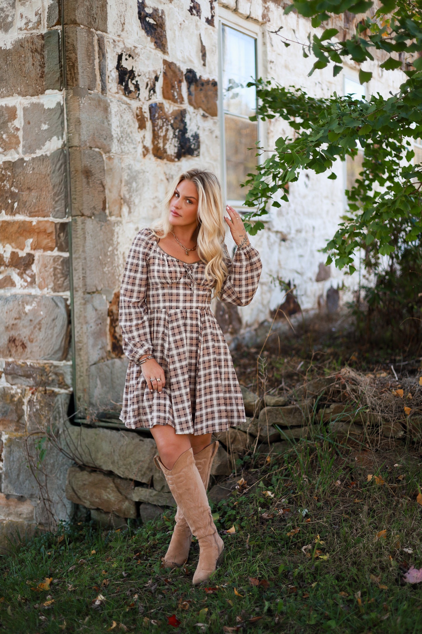 Brunette Bohème Plaid Mini Dress