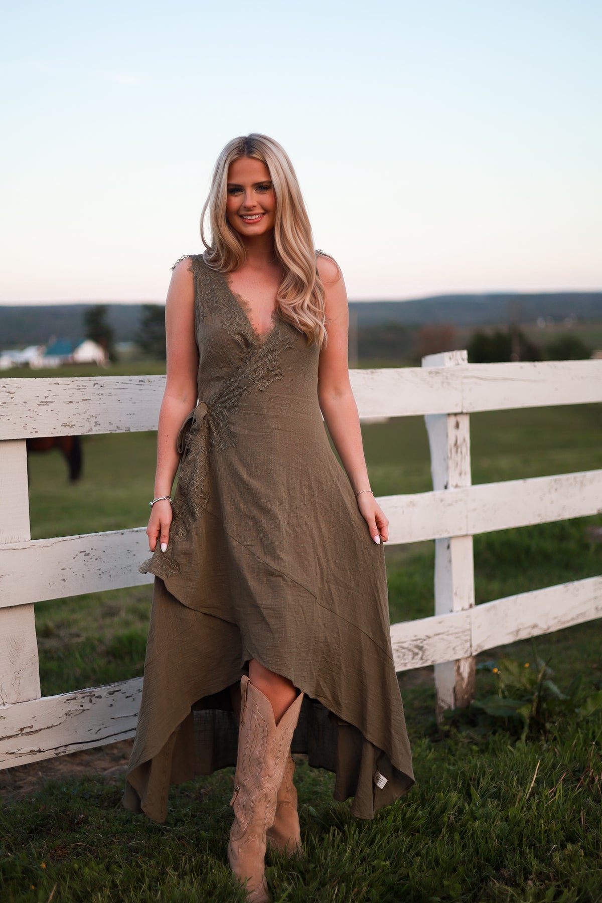 green prairie dress Sunset Maxi Light green lace dress Style:EP00461BK The Legacy Modest Women's Satin Dress