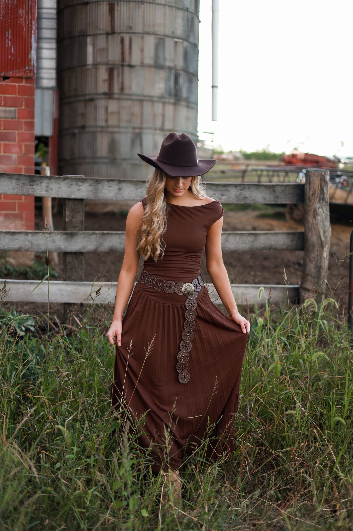 Mahogany Pleated Maxi Dress