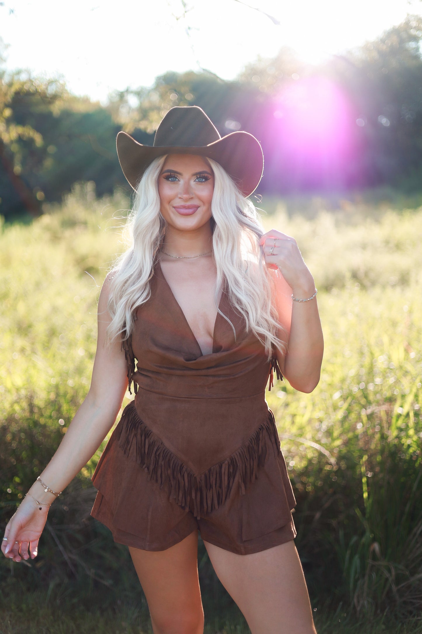 Outlaw Suede Fringe Romper - Caramel