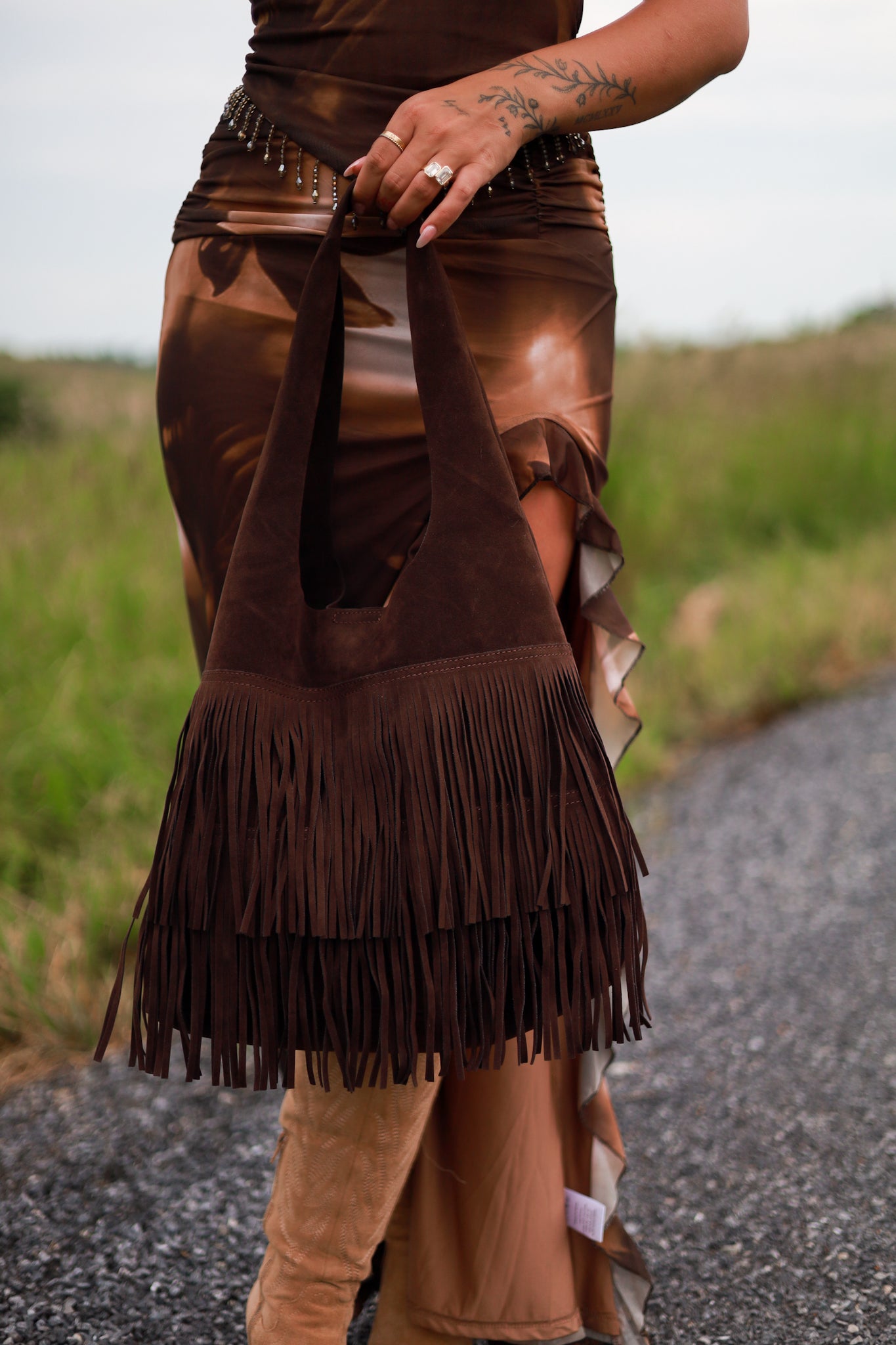 Chocolate Suede Fringe Purse