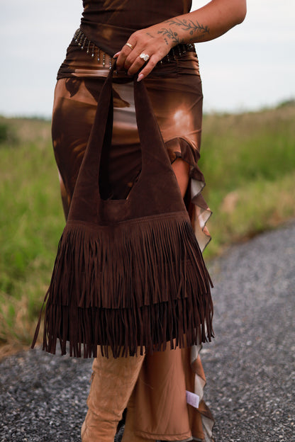 Chocolate Suede Fringe Purse