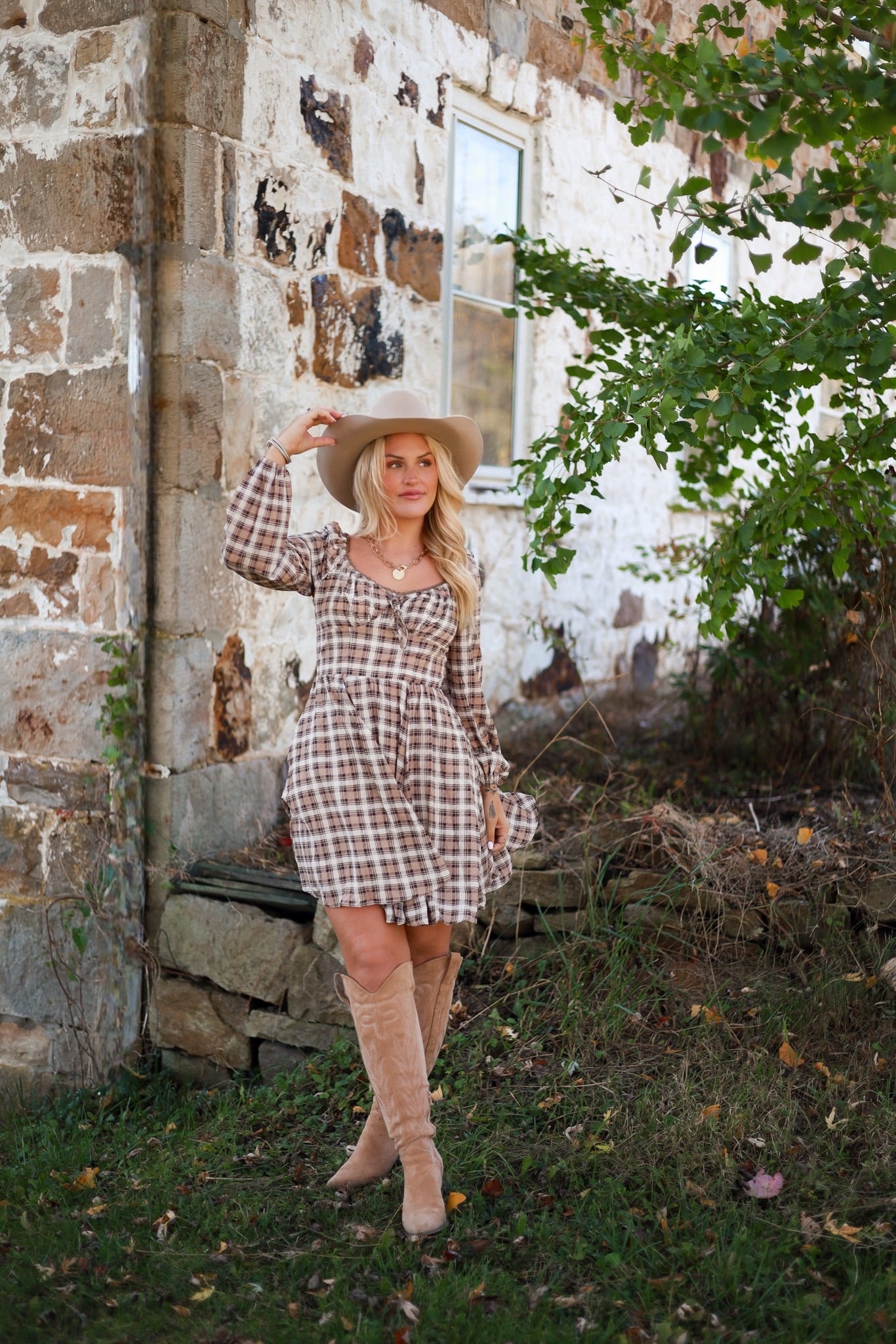 Brunette Bohème Plaid Mini Dress