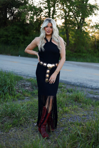 Adele Fringe Halter Dress