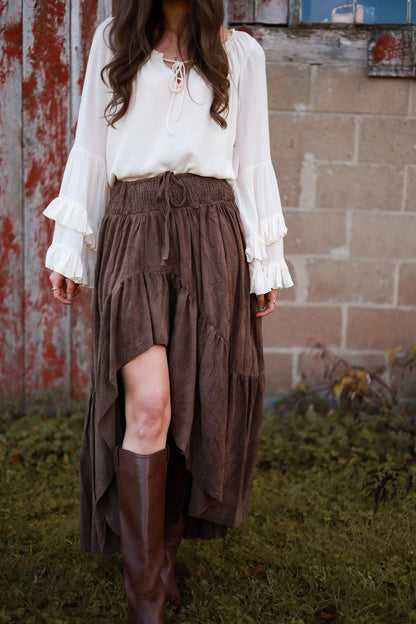 Rustic Bloom Suede Skirt- Espresso