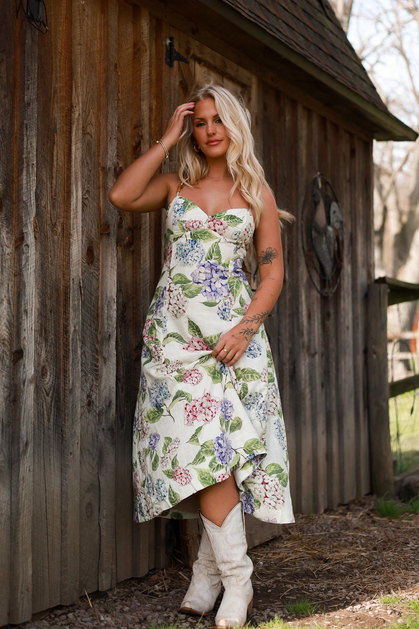 Hydrangea Fit and Flare Linen Midi Dress