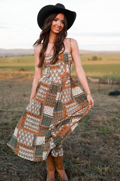 Tawny Patchwork Midi Dress