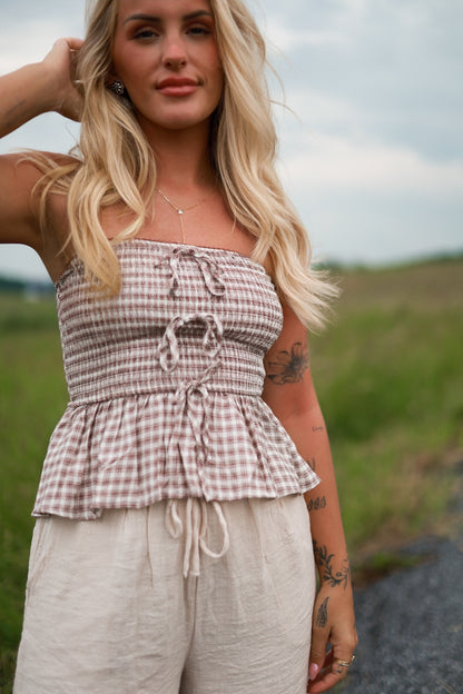 Strapless Plaid Tie Top