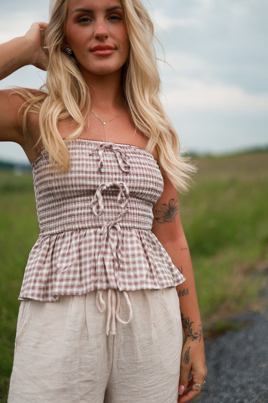 Strapless Plaid Tie Top