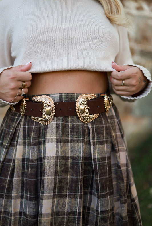 Gold Double Buckle Belt - Truffle
