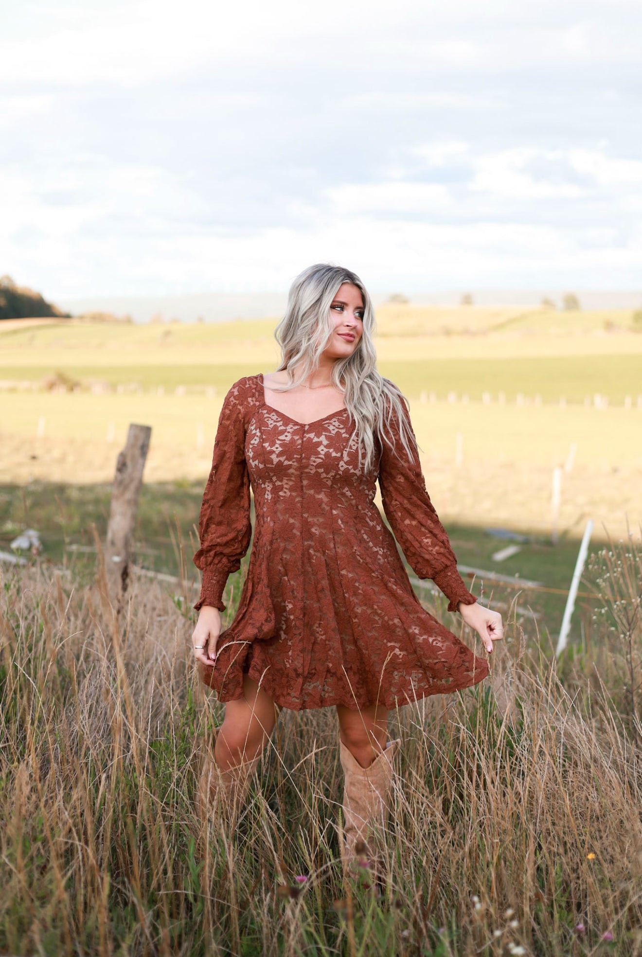 Fit and Flare Lace Mini Dress - Cinnamon