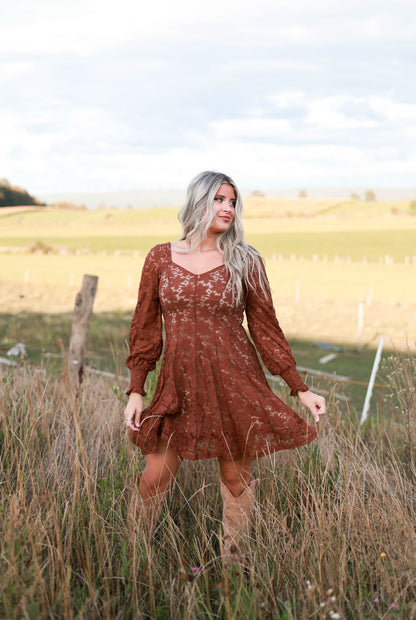 Fit and Flare Lace Mini Dress - Cinnamon