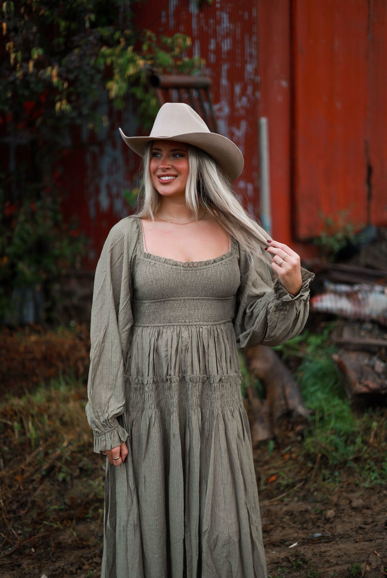 Olive Grove Peasant Maxi Dress