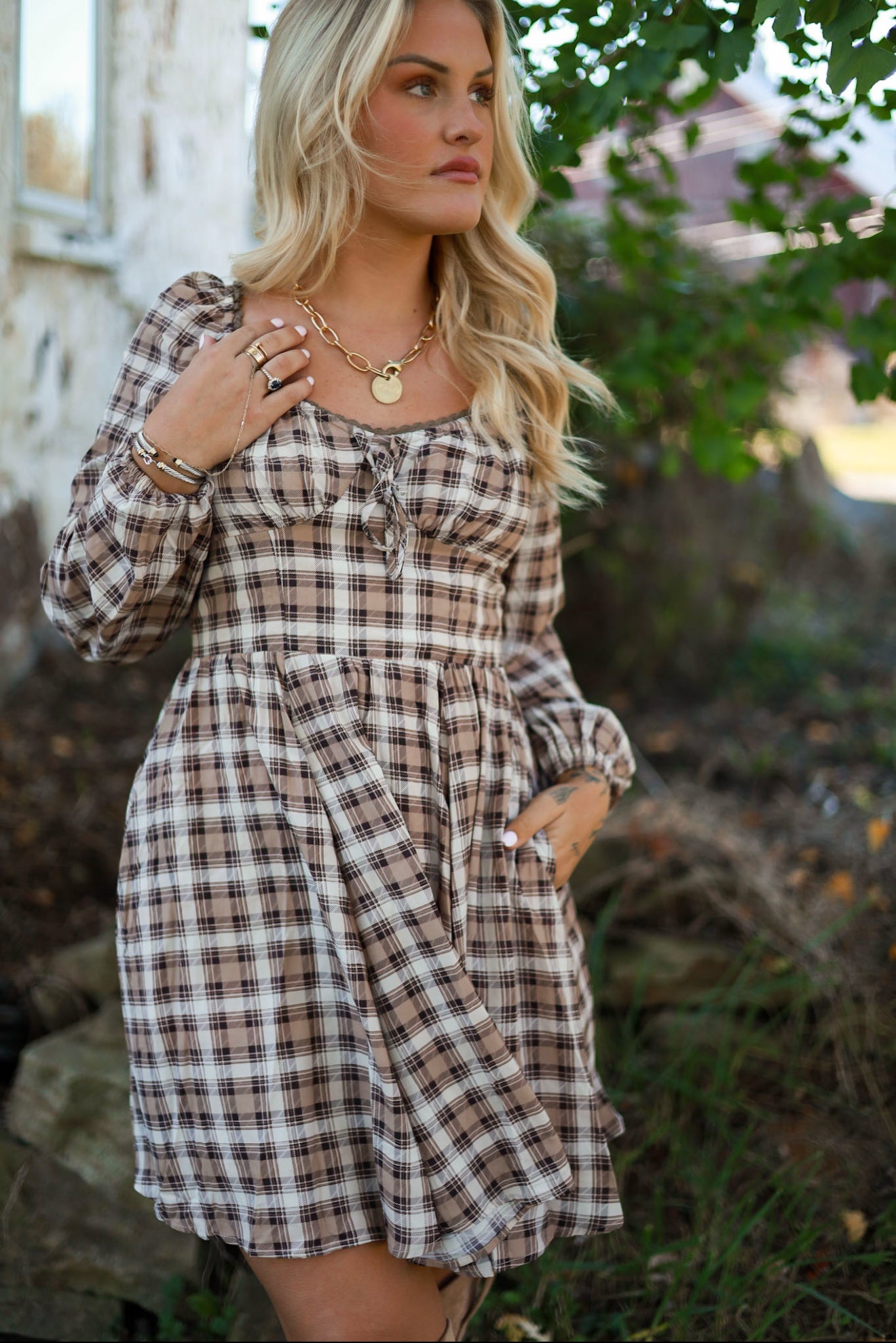 Brunette Bohème Plaid Mini Dress