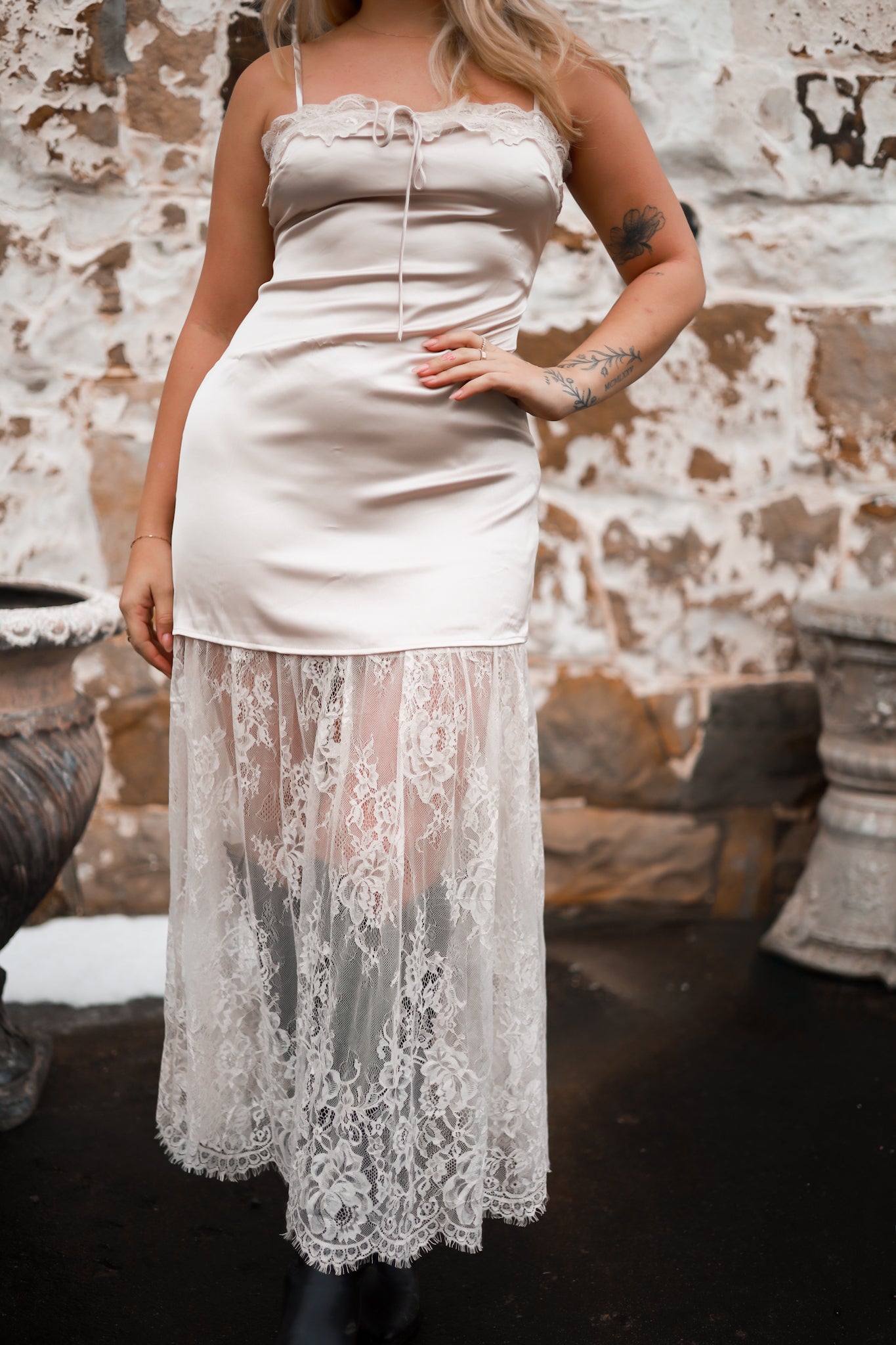 Champagne Lace Inlay Maxi Dress