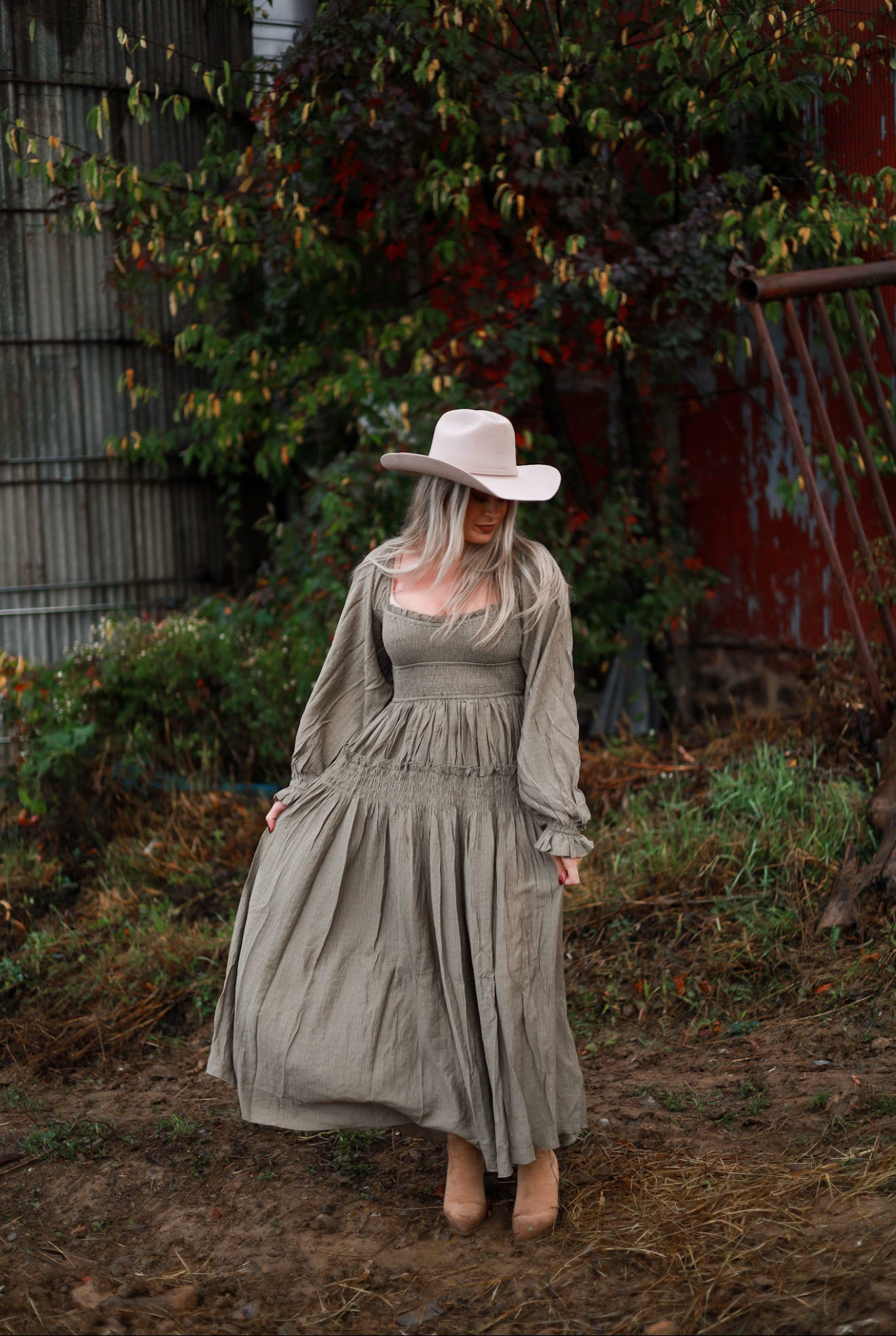 Olive Grove Peasant Maxi Dress