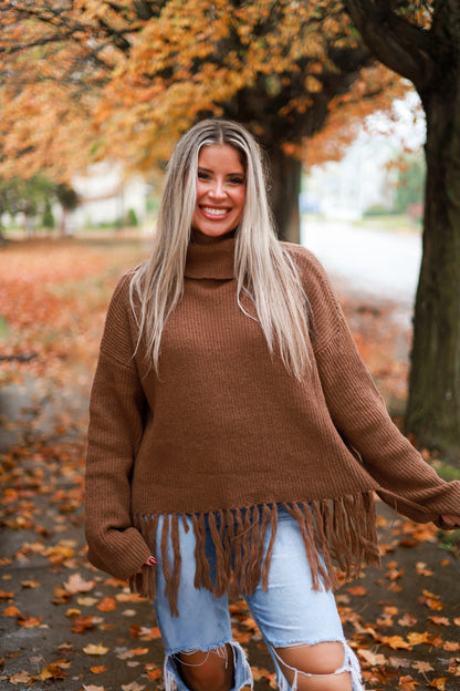 Fringe Hem Turtleneck Sweater - Café