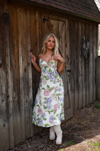 Hydrangea Fit and Flare Linen Midi Dress