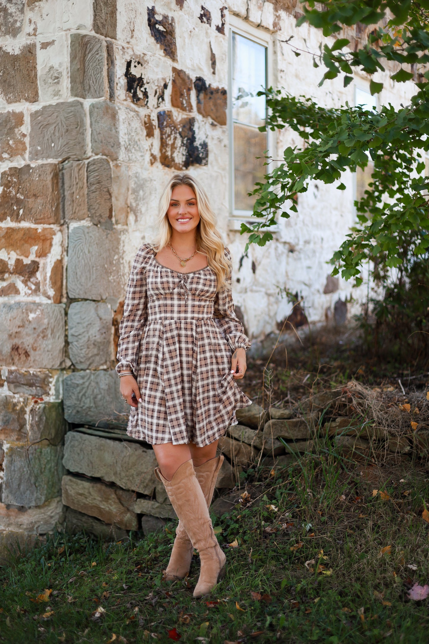 Brunette Bohème Plaid Mini Dress